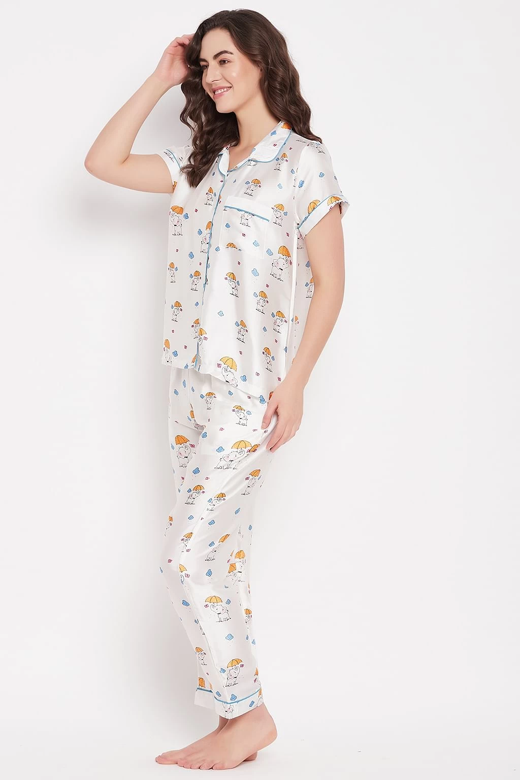 Elephant Print Button Down Shirt & Pyjama Set In White - Satin - Image 2