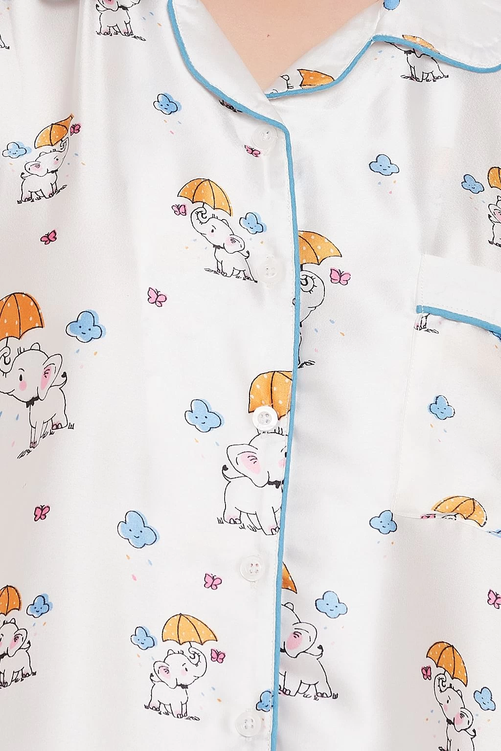 Elephant Print Button Down Shirt & Pyjama Set In White - Satin - Image 6