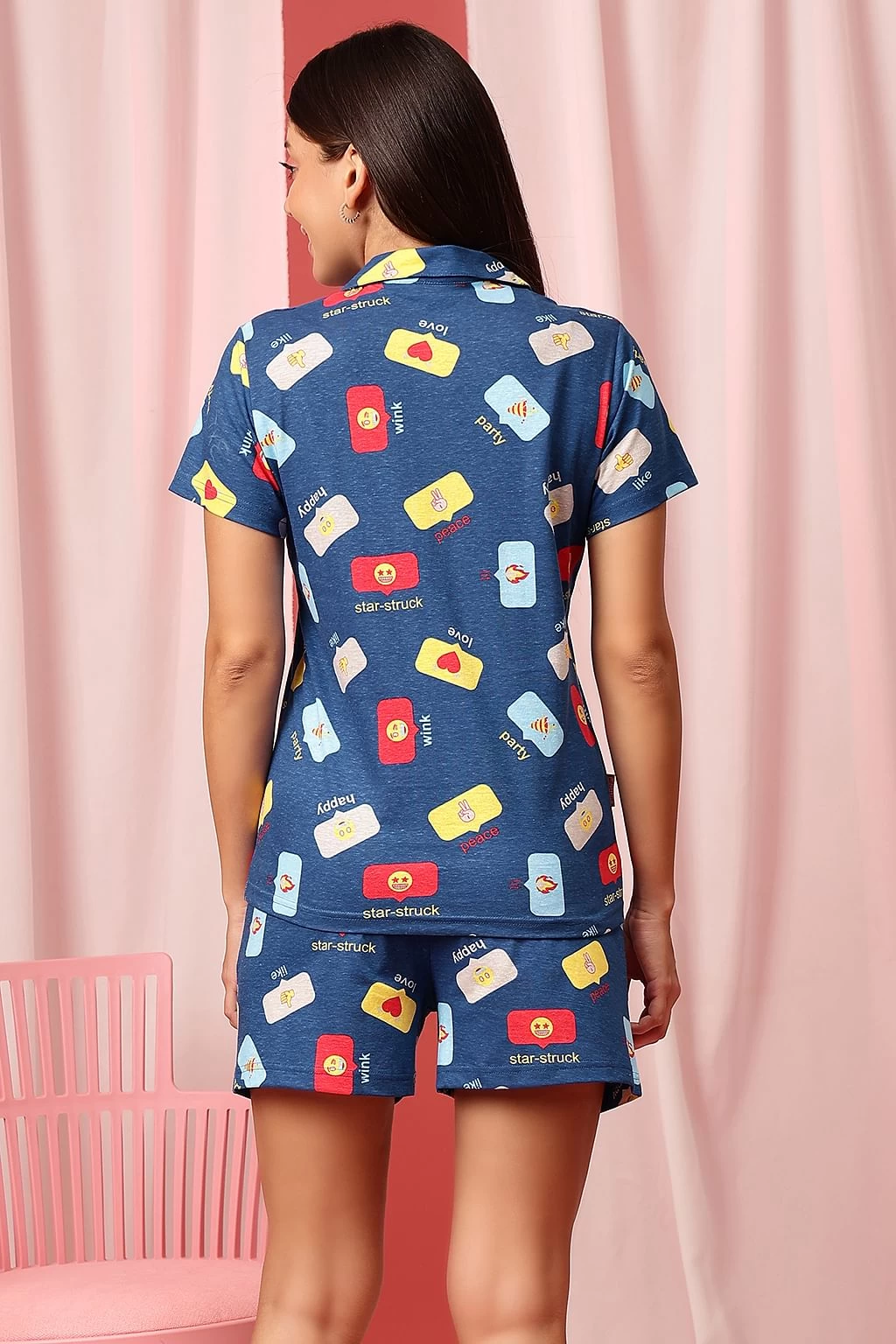 Emoji Print Button Down Shirt & Shorts Set In Royal Blue - 100% Cotton - Image 5