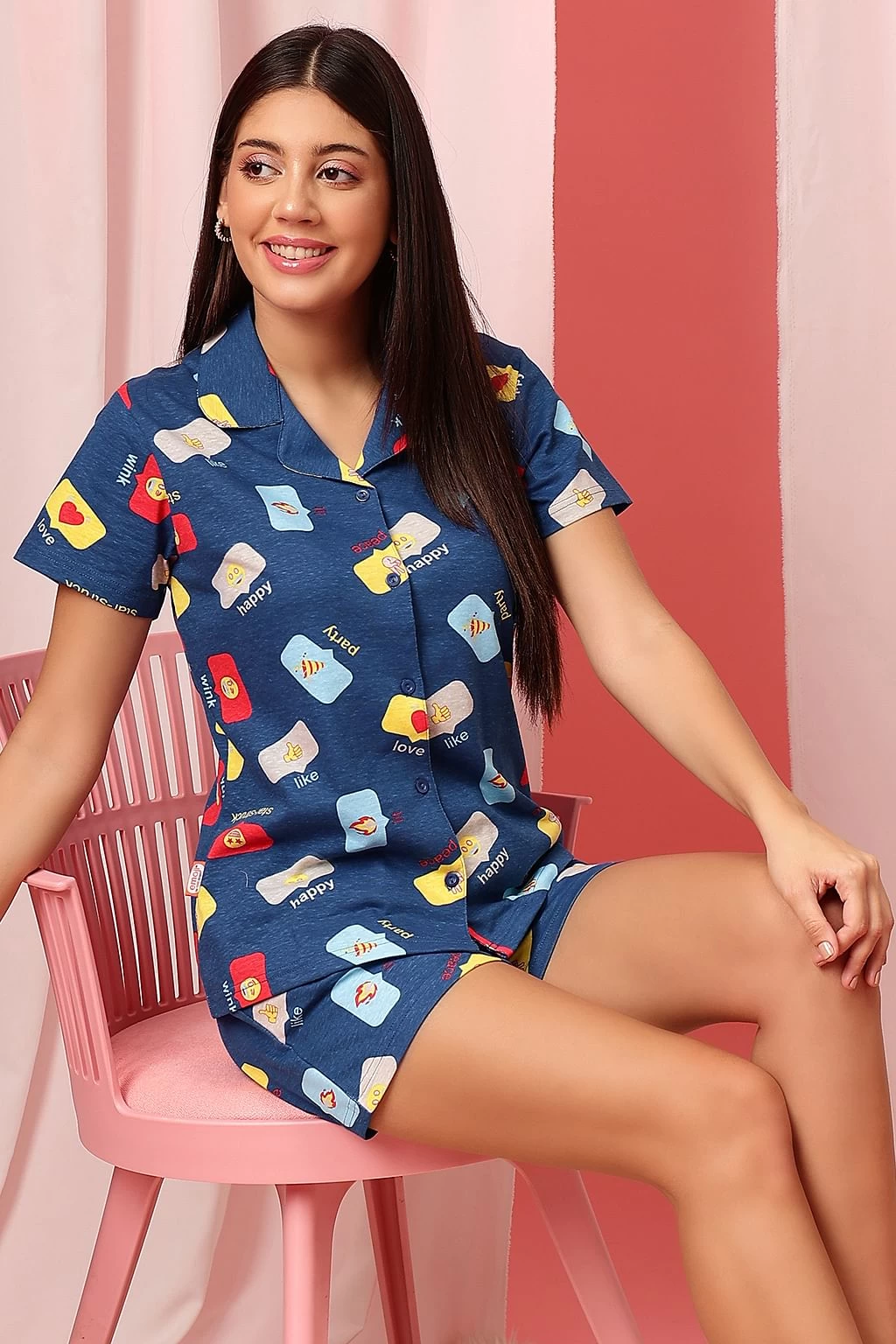 Emoji Print Button Down Shirt & Shorts Set In Royal Blue - 100% Cotton