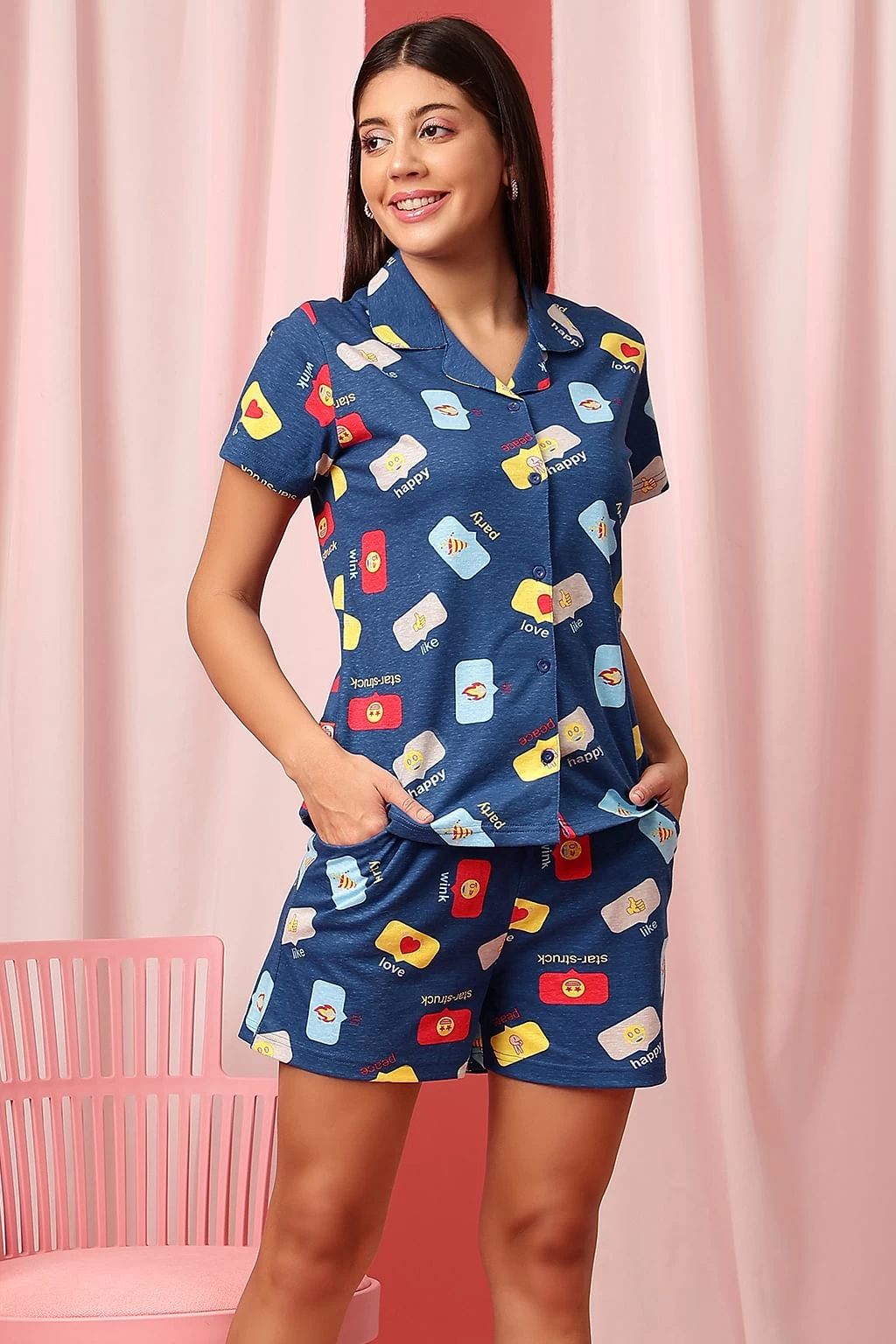Emoji Print Button Down Shirt & Shorts Set In Royal Blue - 100% Cotton - Image 3