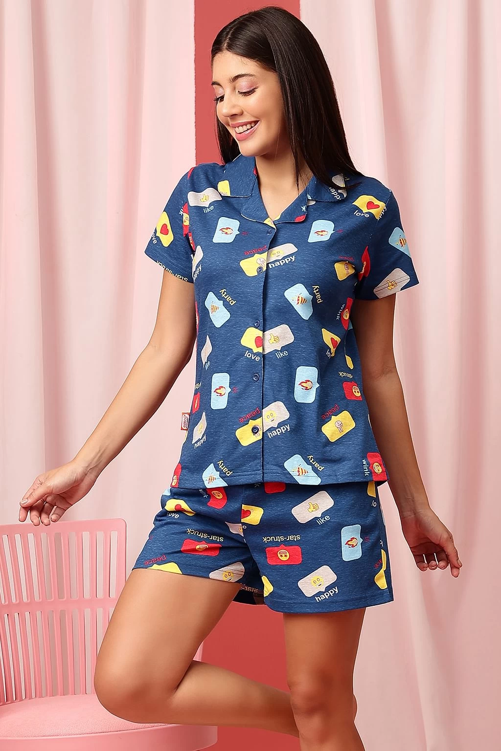 Emoji Print Button Down Shirt & Shorts Set In Royal Blue - 100% Cotton - Image 2