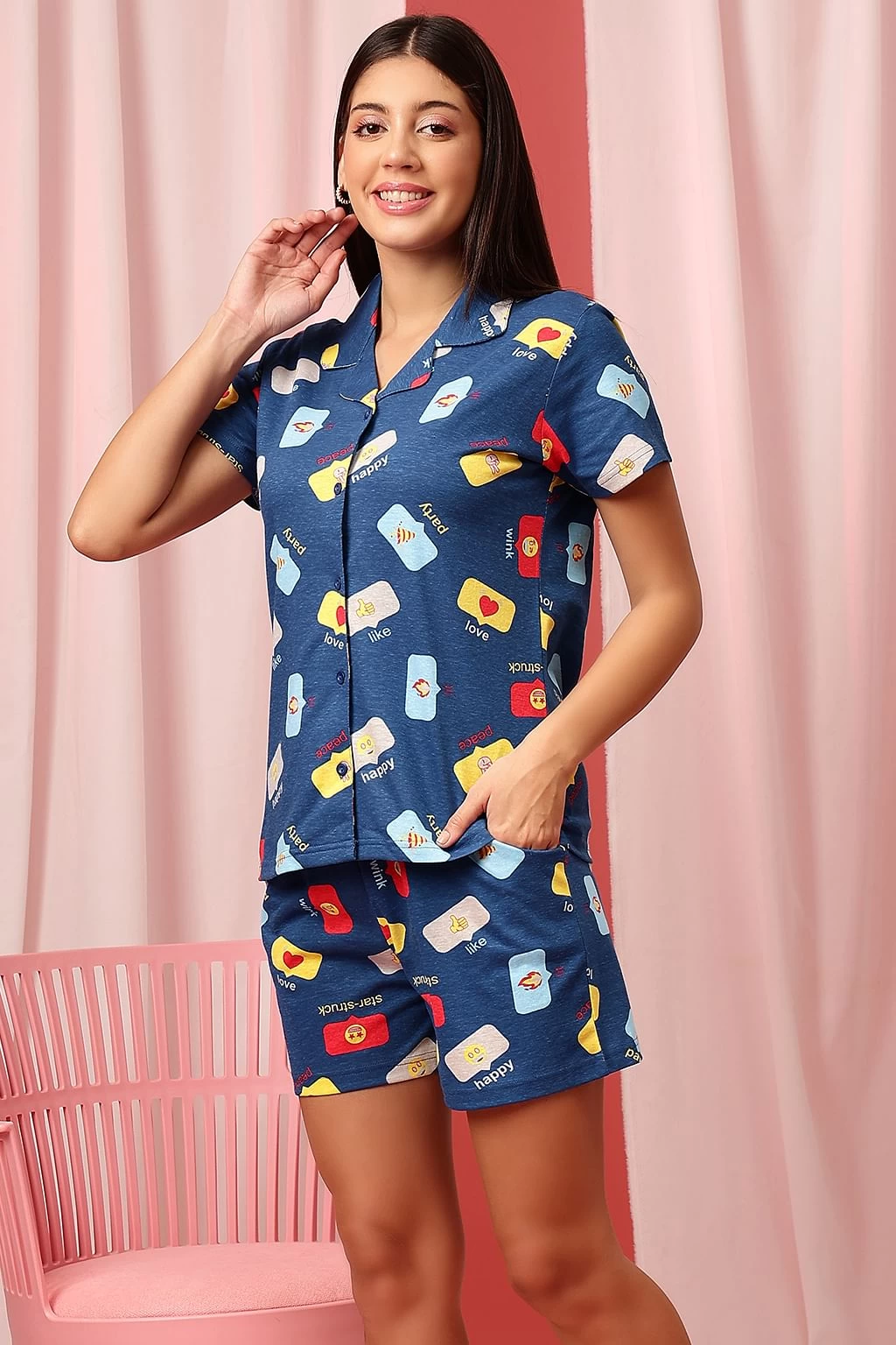 Emoji Print Button Down Shirt & Shorts Set In Royal Blue - 100% Cotton - Image 4