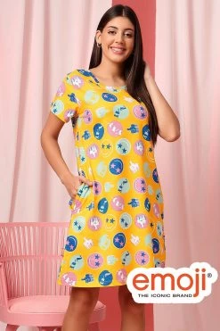 Emoji Print Short Night Dress In Yellow - 100% Cotton