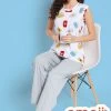 Emoji Print Top In White & Chic Basic Pyjama In Grey - 100% Cotton