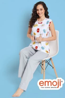 Emoji Print Top In White & Chic Basic Pyjama In Grey - 100% Cotton