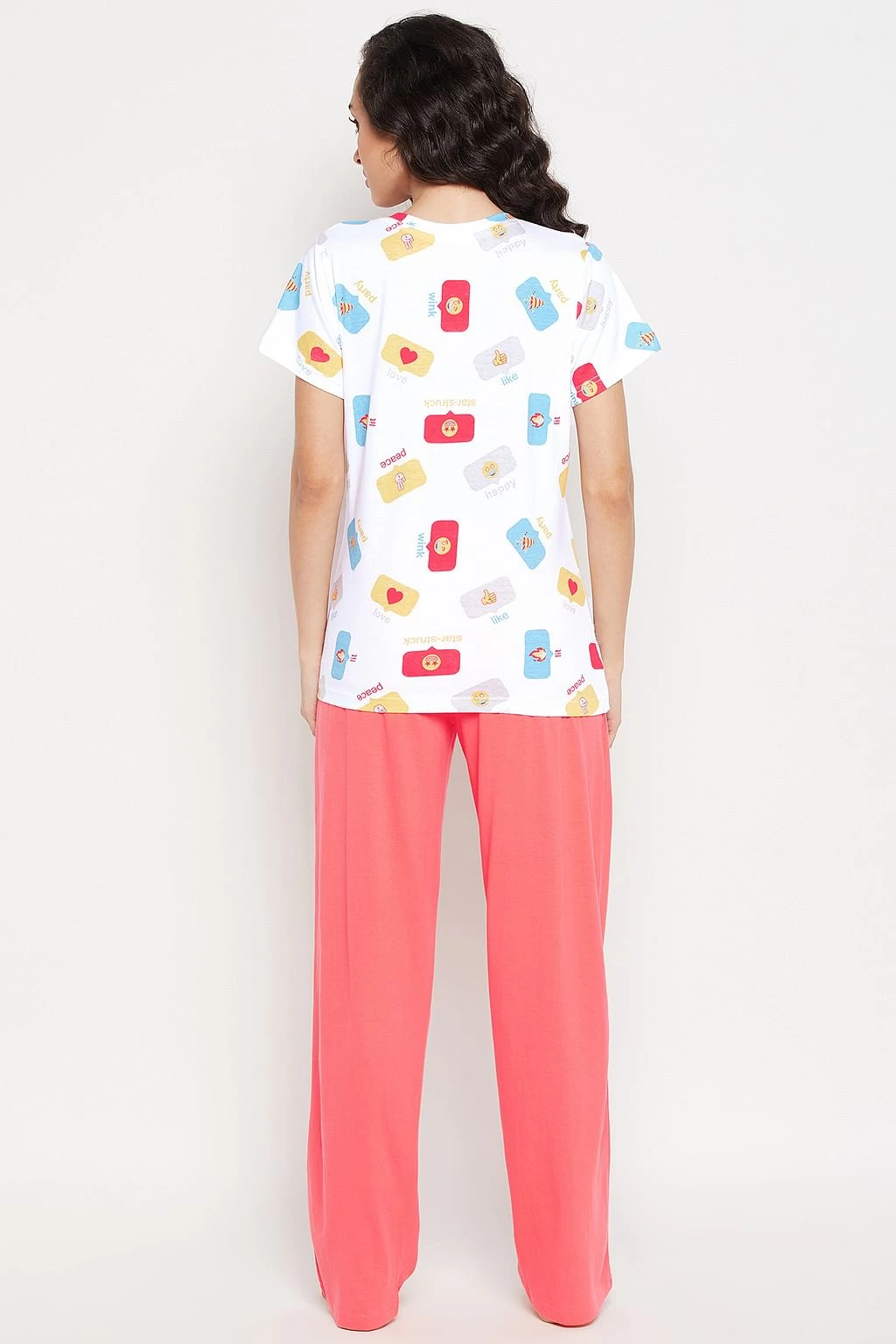 Emoji Print Top In White & Chic Basic Pyjama In Peach Colour - 100% Cotton - Image 4