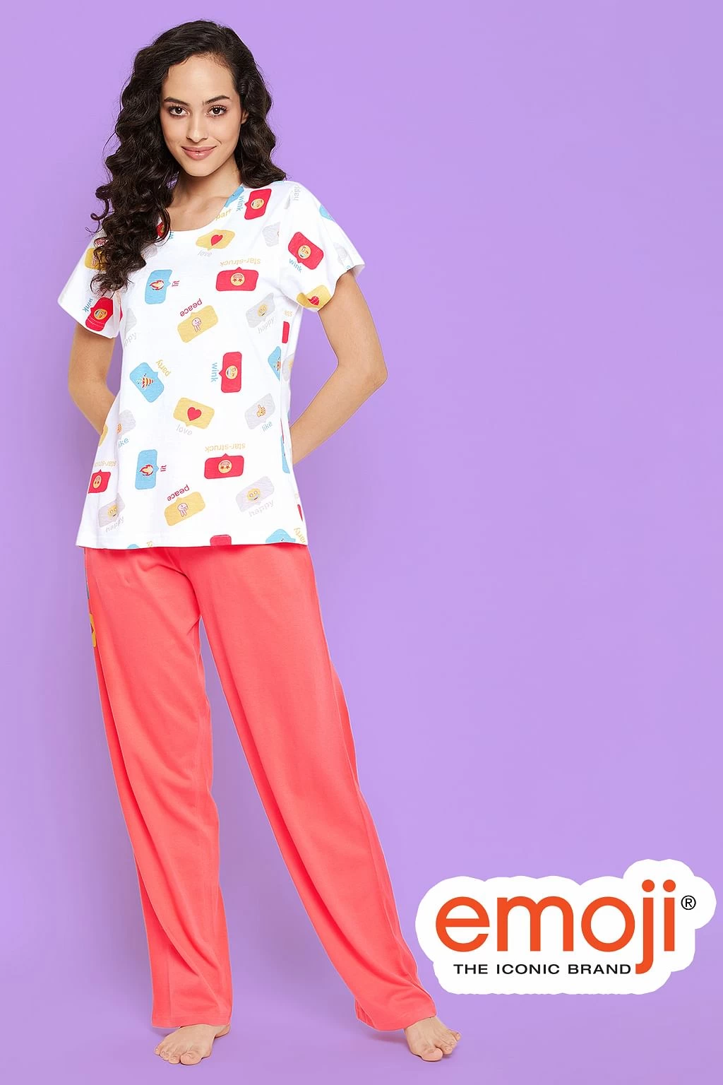 Emoji Print Top In White & Chic Basic Pyjama In Peach Colour - 100% Cotton