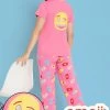 Emoji Print Top & Pyjama Set In Rose Pink - 100% Cotton