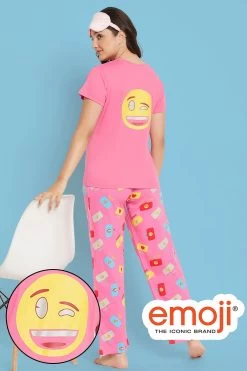 Emoji Print Top & Pyjama Set In Rose Pink - 100% Cotton