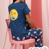 Emoji Print Top & Pyjama Set In Navy - 100% Cotton
