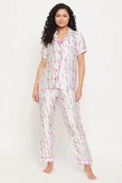 Flamingo Print Button Down Shirt & Pyjama Set In White - Satin