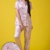 Flamingo Print Button Down Shirt & Pyjama Set In Soft Pink - Satin