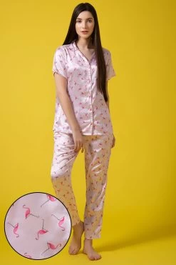 Flamingo Print Button Down Shirt & Pyjama Set In Soft Pink - Satin