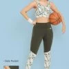 High Rise Active Tights In Olive Green With Side Pocket & Printed Panels