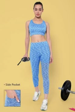 High-Rise Ankle Length Active Tights In Baby Blue Melange With Side Pocket