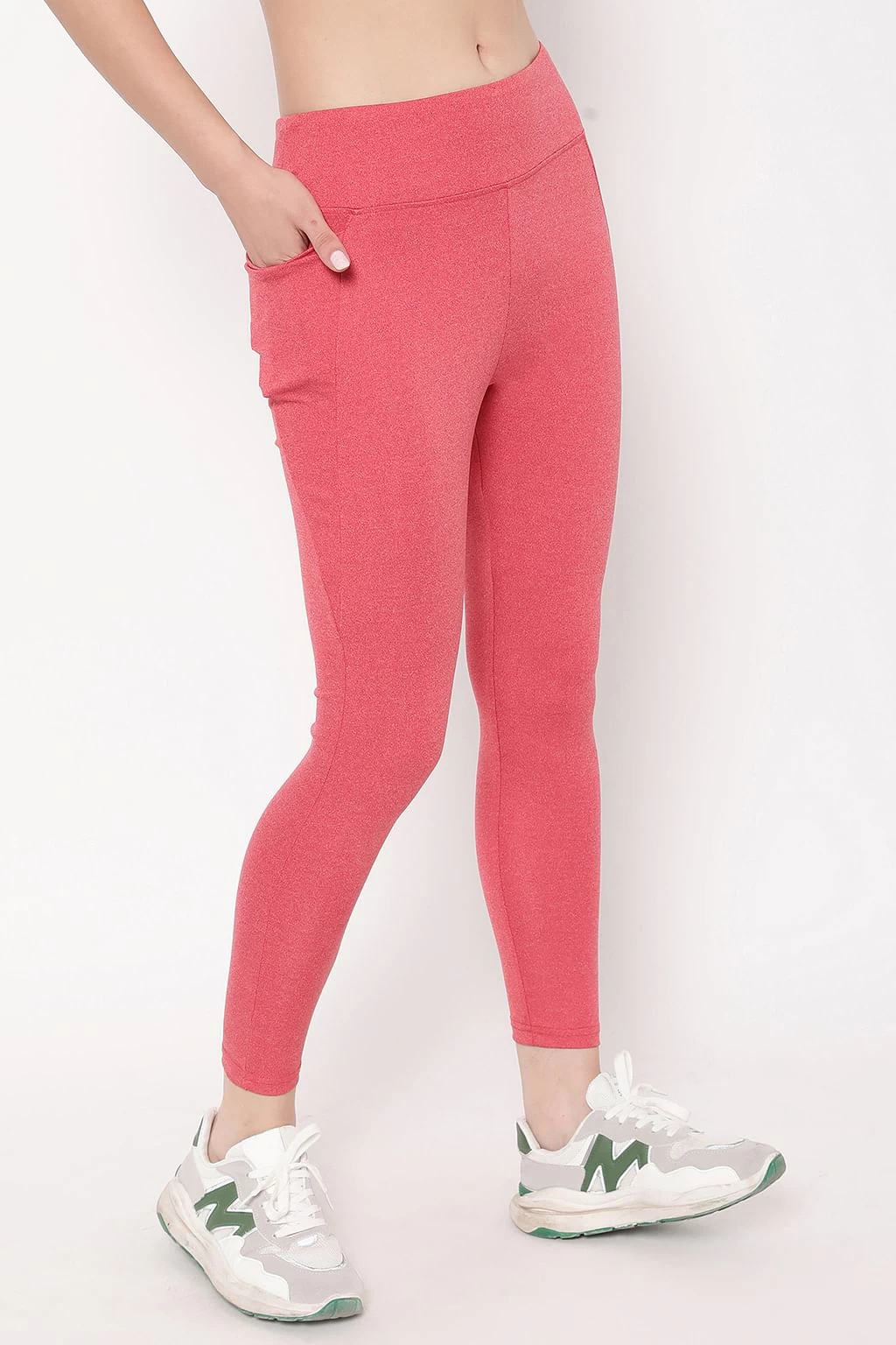 High Rise Active Tights In Red Melange With Side Pocket - Image 4