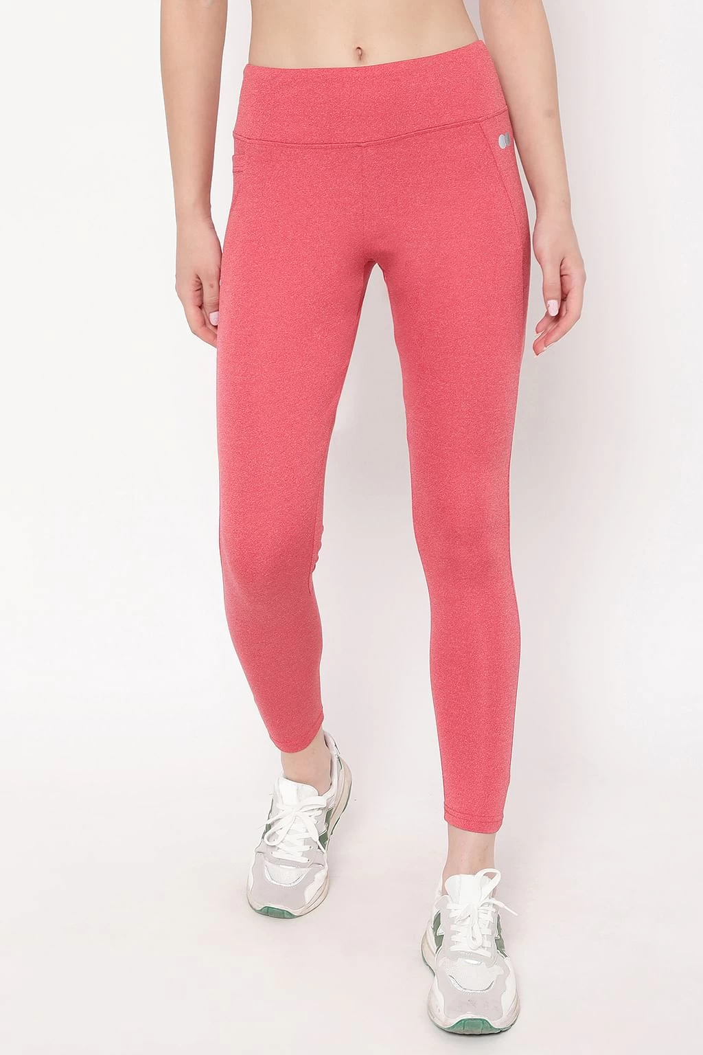 High Rise Active Tights In Red Melange With Side Pocket - Image 2