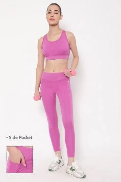 High Rise Active Tights In Magenta Melange With Side Pocket