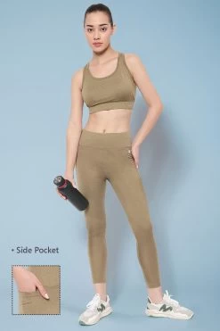 High Rise Active Tights In Olive Green Melange With Side Pocket