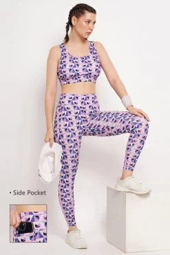 High Rise Geometric Print Active Tights In Purple With Side Pocket