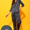 Leaf Print Button Down Shirt & Pyjama Set In Dark Grey - Satin
