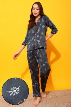 Leaf Print Button Down Shirt & Pyjama Set In Dark Grey - Satin
