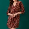 Leaf Print Robe In Copper Colour - Satin