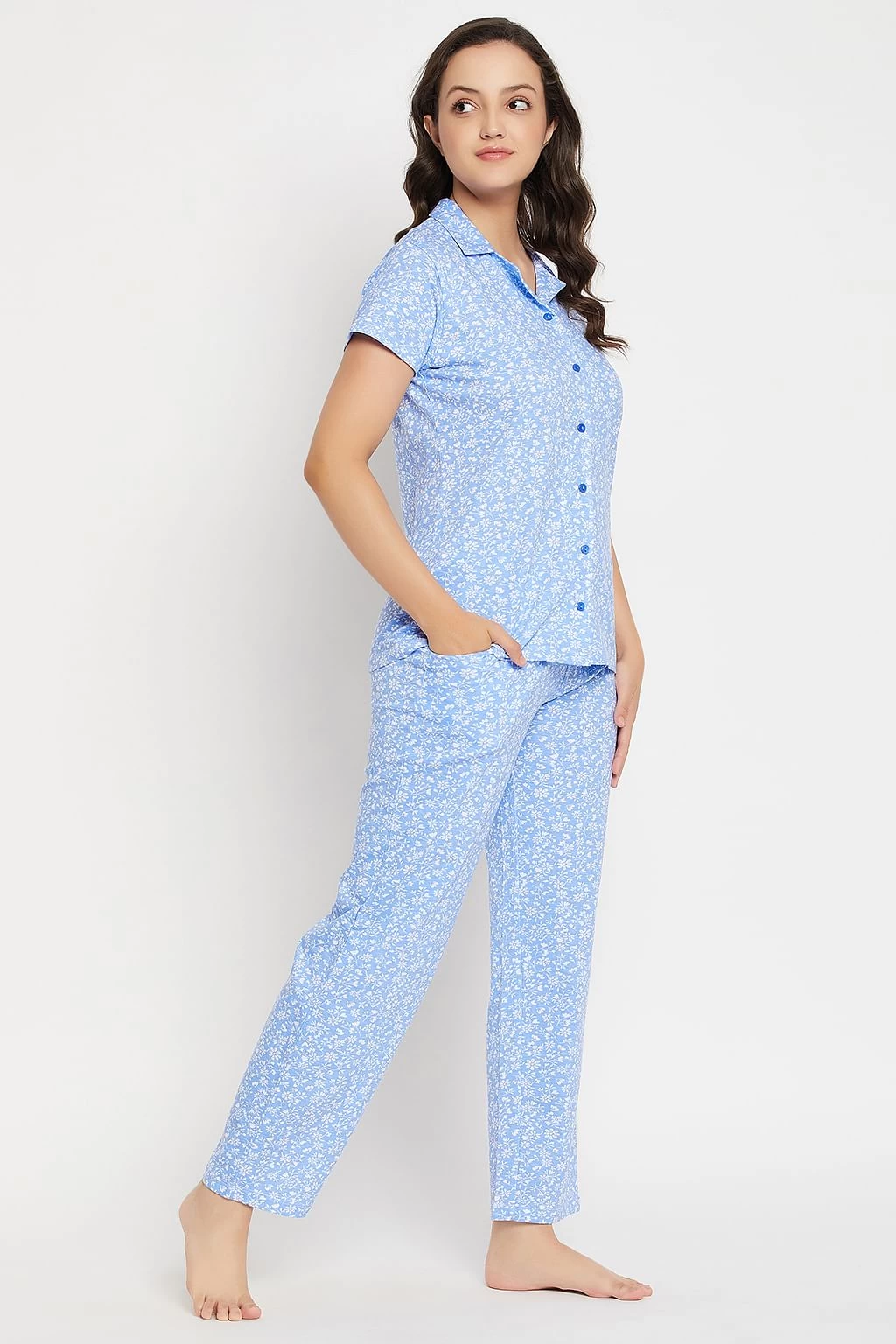 Pretty Florals Button Down Shirt & Pyjama Set In Baby Blue - 100% Cotton - Image 4