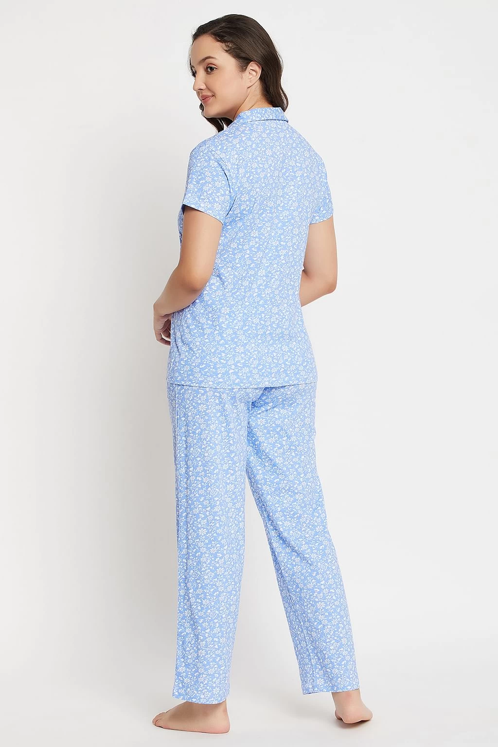 Pretty Florals Button Down Shirt & Pyjama Set In Baby Blue - 100% Cotton - Image 5