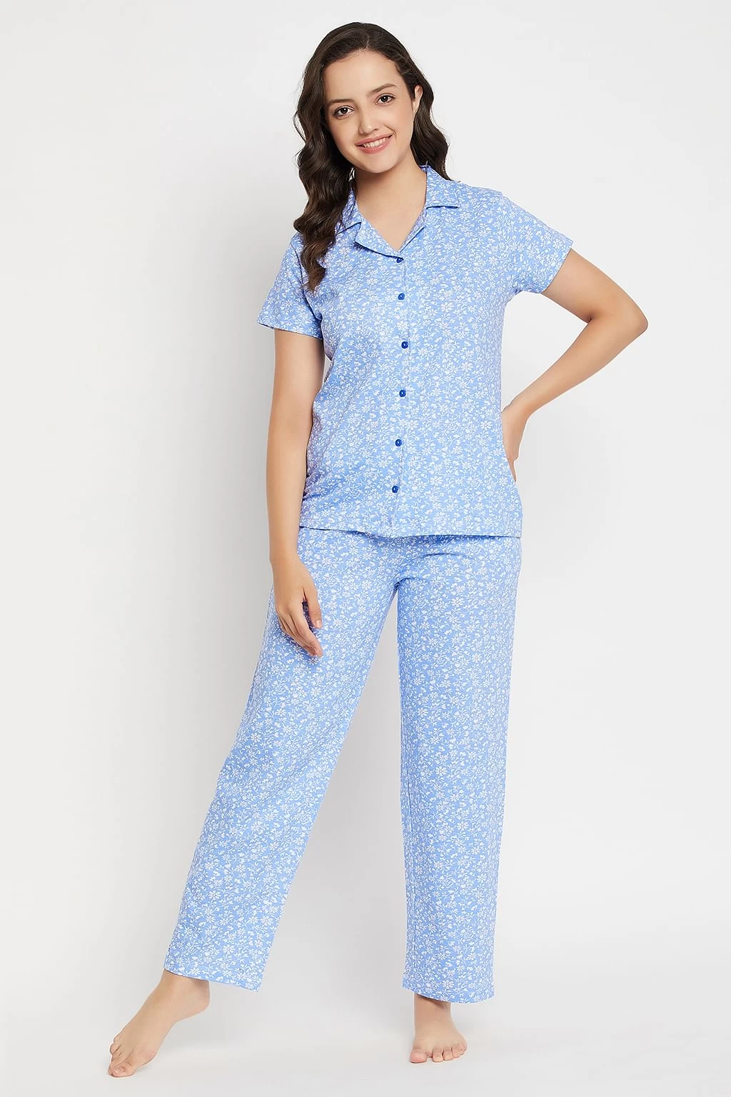Pretty Florals Button Down Shirt & Pyjama Set In Baby Blue - 100% Cotton - Image 2