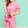 Emoji Print Button Down Shirt & Shorts Set In Pink - 100% Cotton