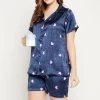 Heart Print Button Down Shirt & Shorts Set In Navy Blue