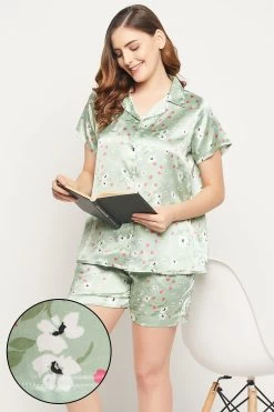 Pretty Florals Button Down Shirt & Shorts Set In Sage Green - Satin
