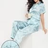 Pretty Florals Button Down Shirt & Pyjama Set In Sky Blue - Satin