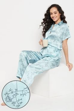 Pretty Florals Button Down Shirt & Pyjama Set In Sky Blue - Satin