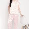 Heart Print Button Down Shirt & Pyjama Set In Soft Pink - Satin