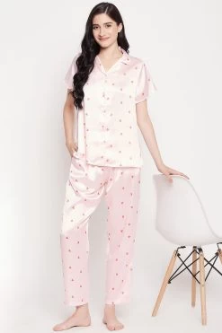 Heart Print Button Down Shirt & Pyjama Set In Soft Pink - Satin