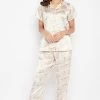 Print Me Pretty Button Down Shirt & Pyjama Set In White - Satin