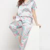 Y2K Print Button Down Shirt & Pyjama Set In Sky Blue - Satin