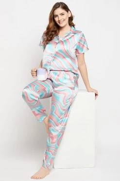 Y2K Print Button Down Shirt & Pyjama Set In Sky Blue - Satin