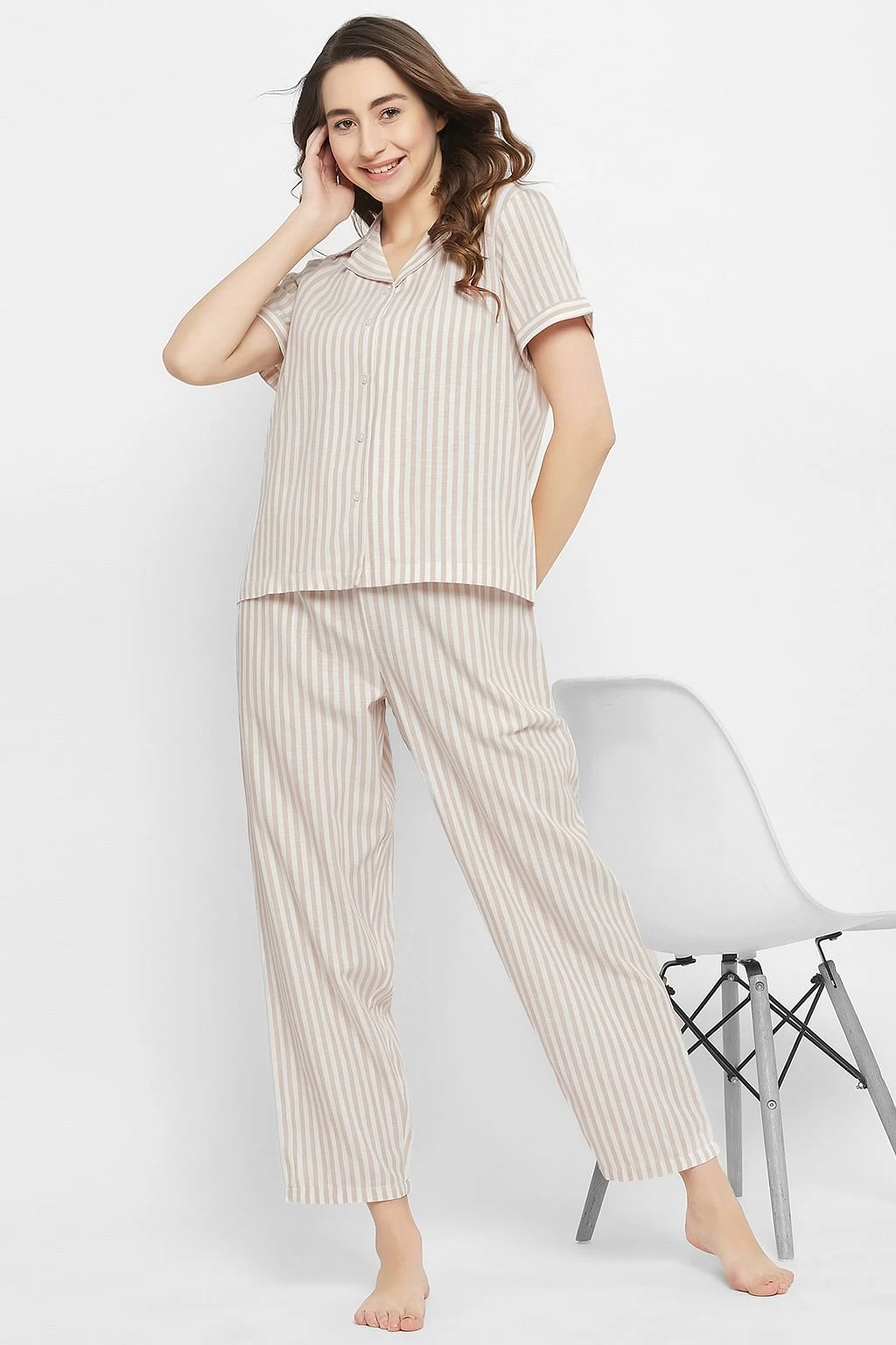 Sassy Stripes Button Down Shirt & Pyjama Set In White - Crepe