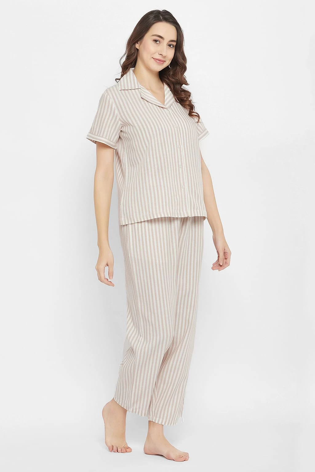 Sassy Stripes Button Down Shirt & Pyjama Set In White - Crepe - Image 4
