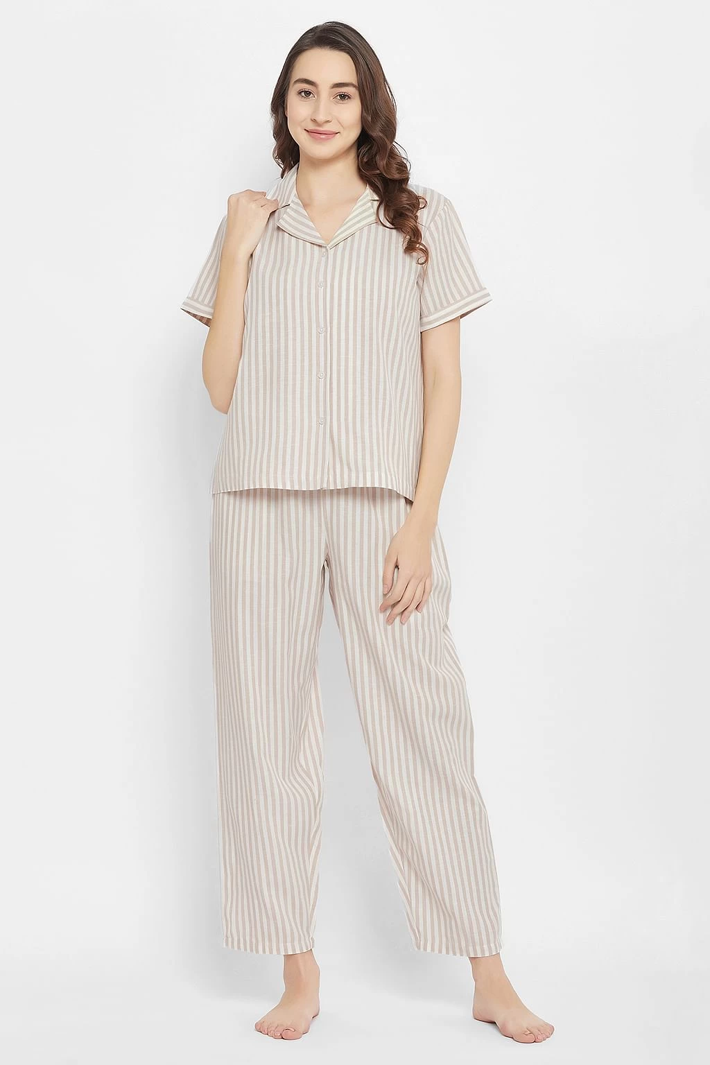 Sassy Stripes Button Down Shirt & Pyjama Set In White - Crepe - Image 2