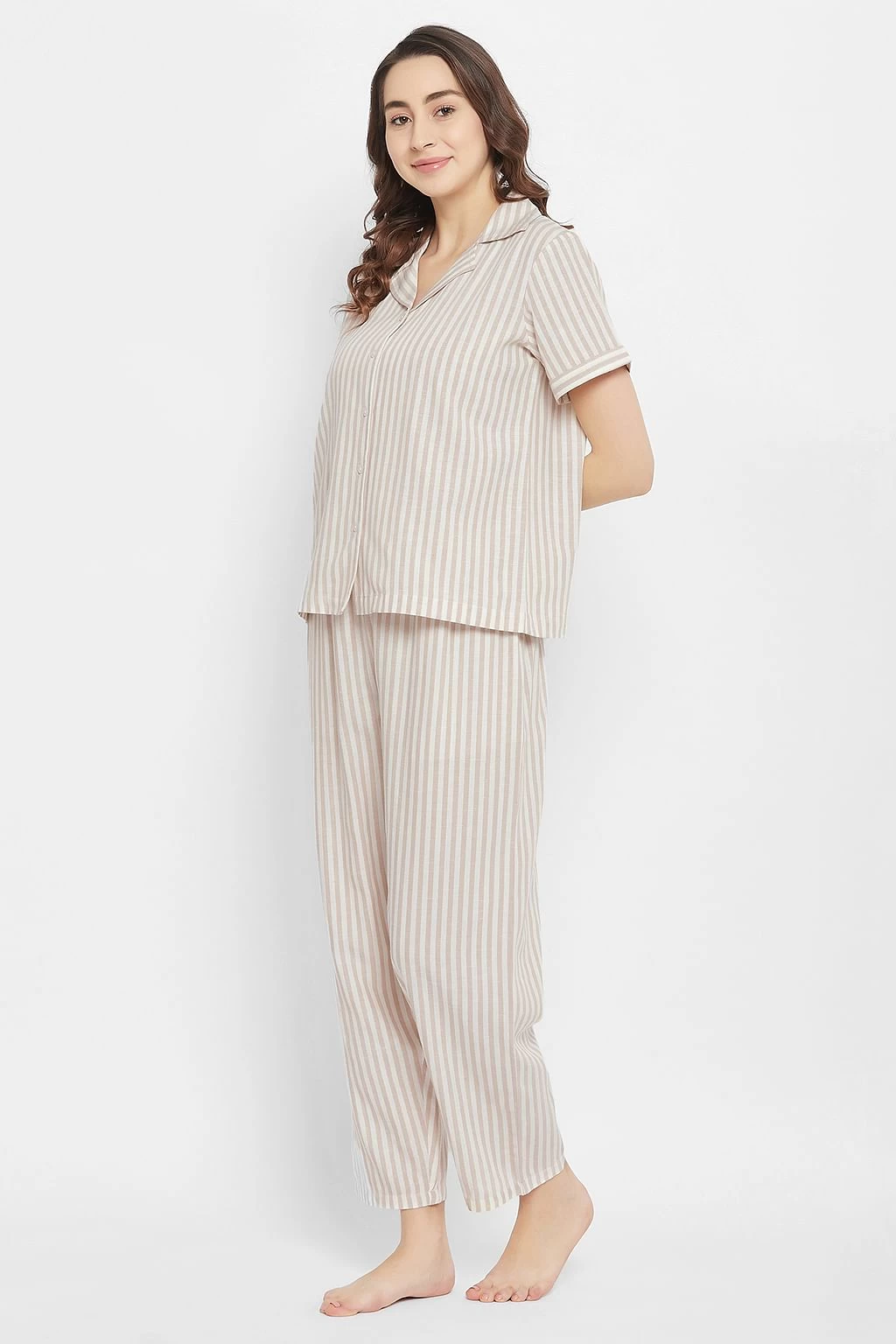 Sassy Stripes Button Down Shirt & Pyjama Set In White - Crepe - Image 3