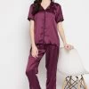 Chic Basic Button Down Shirt & Pyjama Set In Wine Colour - Satin