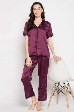 Chic Basic Button Down Shirt & Pyjama Set In Wine Colour - Satin