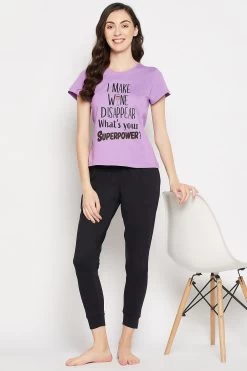 Quirky Quotes Top In Lavender & Chic Basic Joggers Set In Black - 100% Cotton