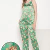 Pretty Florals Cami Top & Pyjama Set In Green - Satin