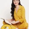 Pretty Florals Button Down Shirt & Pyjama Set In Mustard Yellow - 100% Cotton